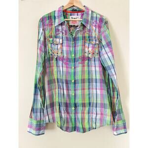 ROAR Embellished Bling Rodeo Cowgirl Western Stretch Shirt Green Purple XL